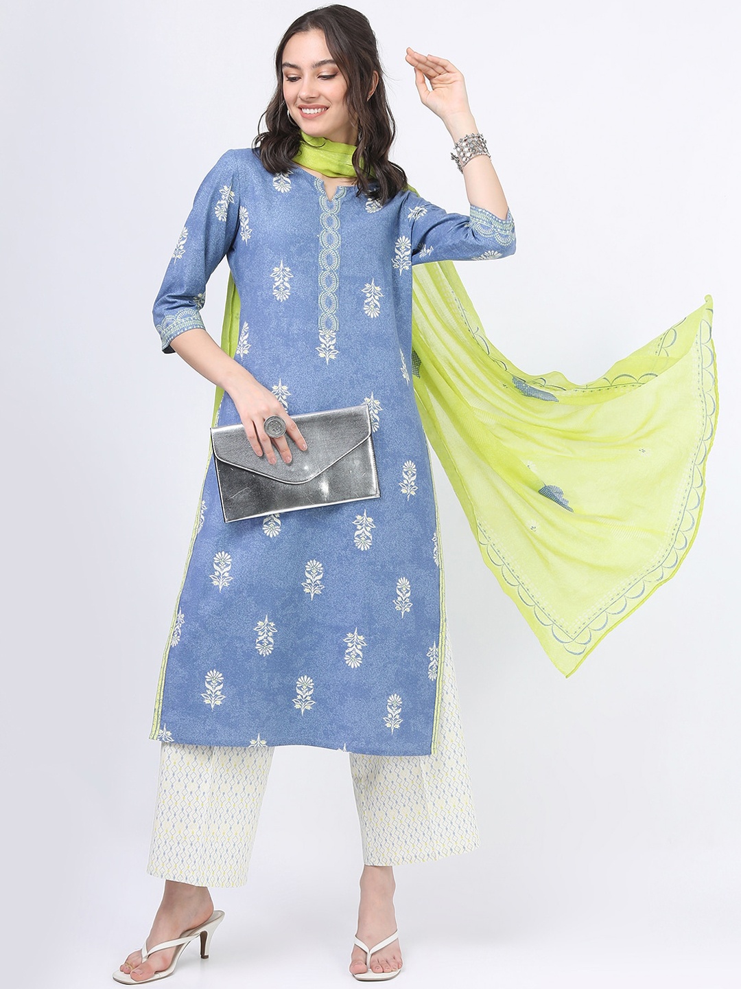 

Vishudh Women Blue Ethnic Motifs Pure Cotton Kurta With Palazzos And Dupatta