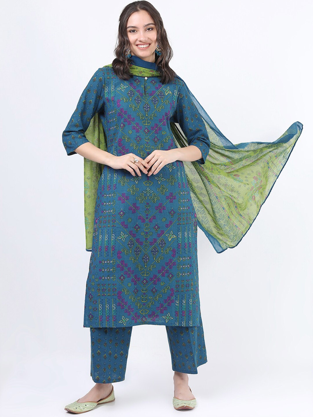 

Vishudh Women Teal Ethnic Motifs Printed Pure Cotton Kurta With Palazzos And Dupatta