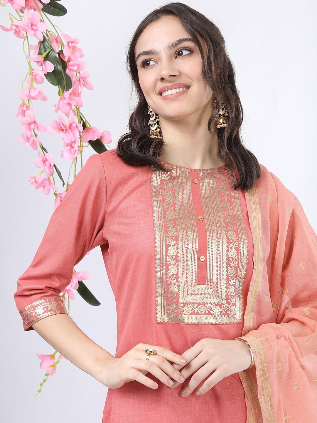 

Vishudh Women Coral Yoke Design Kurti with Palazzos & With Dupatta