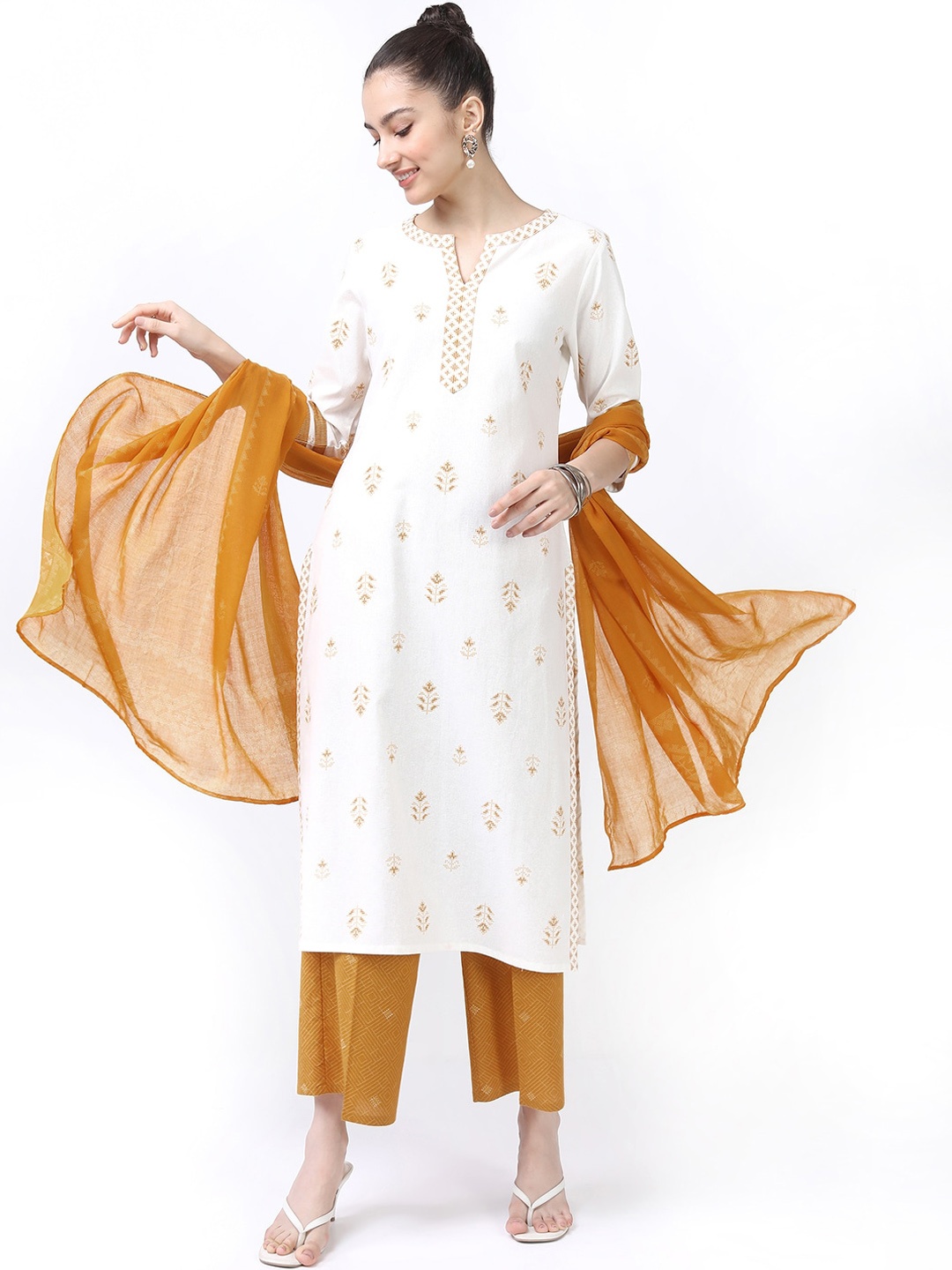 

Vishudh Women Off White Ethnic Motifs Pure Cotton Kurta & Trousers with Dupatta