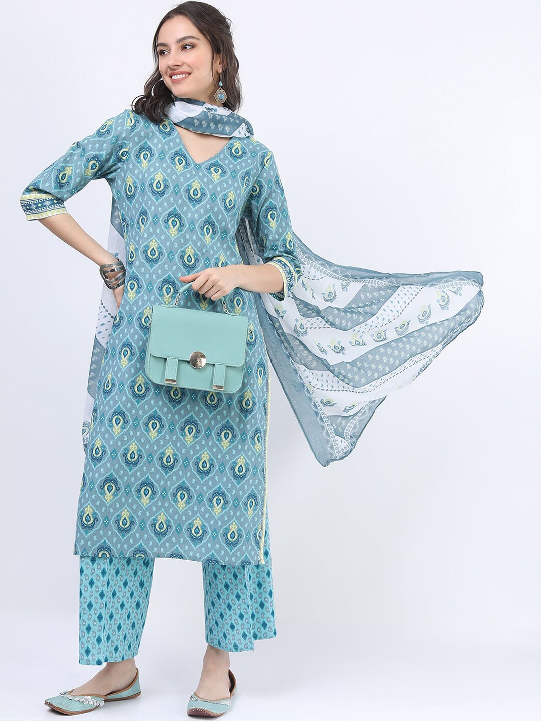 

Vishudh Women Blue Printed Empire Pure Cotton A-Line Kurti With Trousers And Dupatta