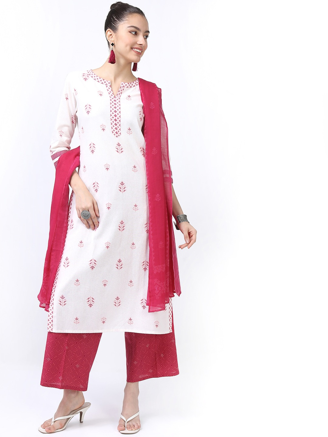 

Vishudh Women Off White Ethnic Motifs Pure Cotton Kurta With Palazzos & With Dupatta