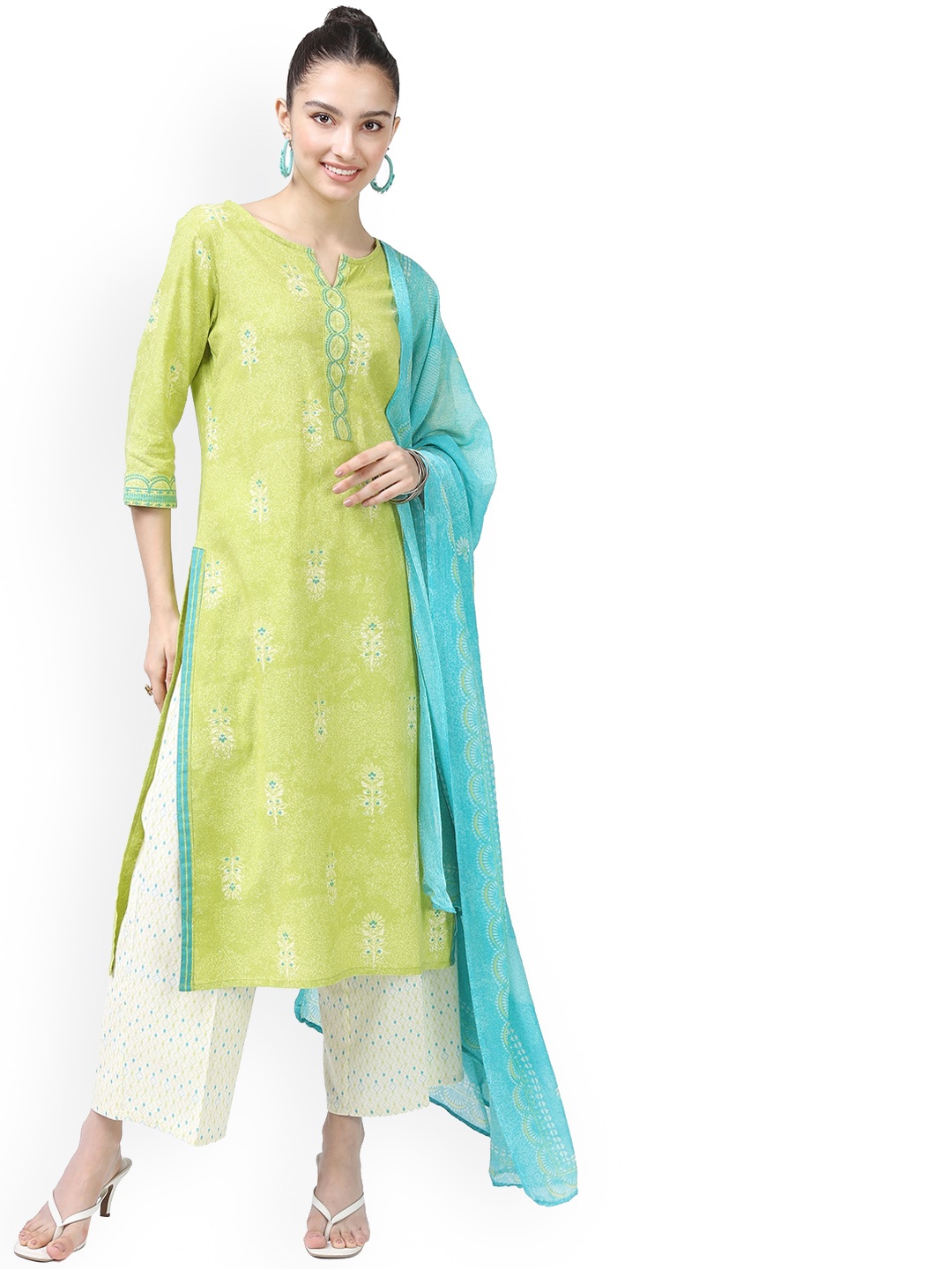 

Vishudh Lime Green Ethnic Motifs Pure Cotton Kurta With Palazzos & With Dupatta