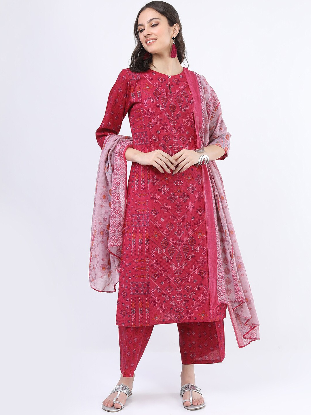 

Vishudh Women Pink Ethnic Motifs Pure Cotton Kurta With Palazzos & With Dupatta