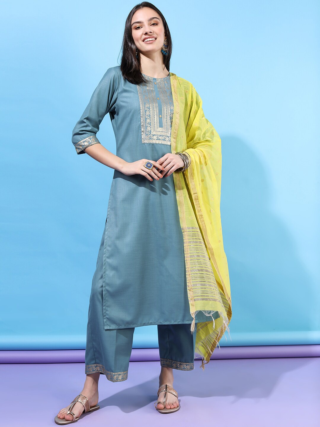 

Vishudh Women Ethnic Motifs Polyester Kurta Set, Turquoise blue