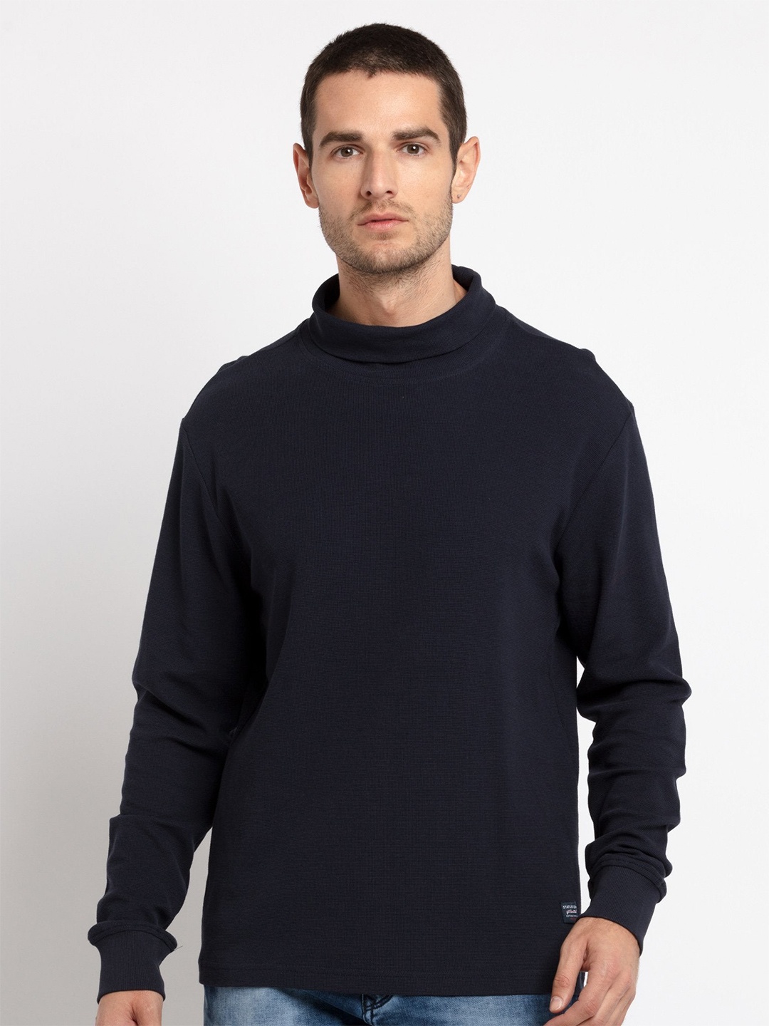 

Status Quo Men Navy Blue High Neck Applique T-shirt
