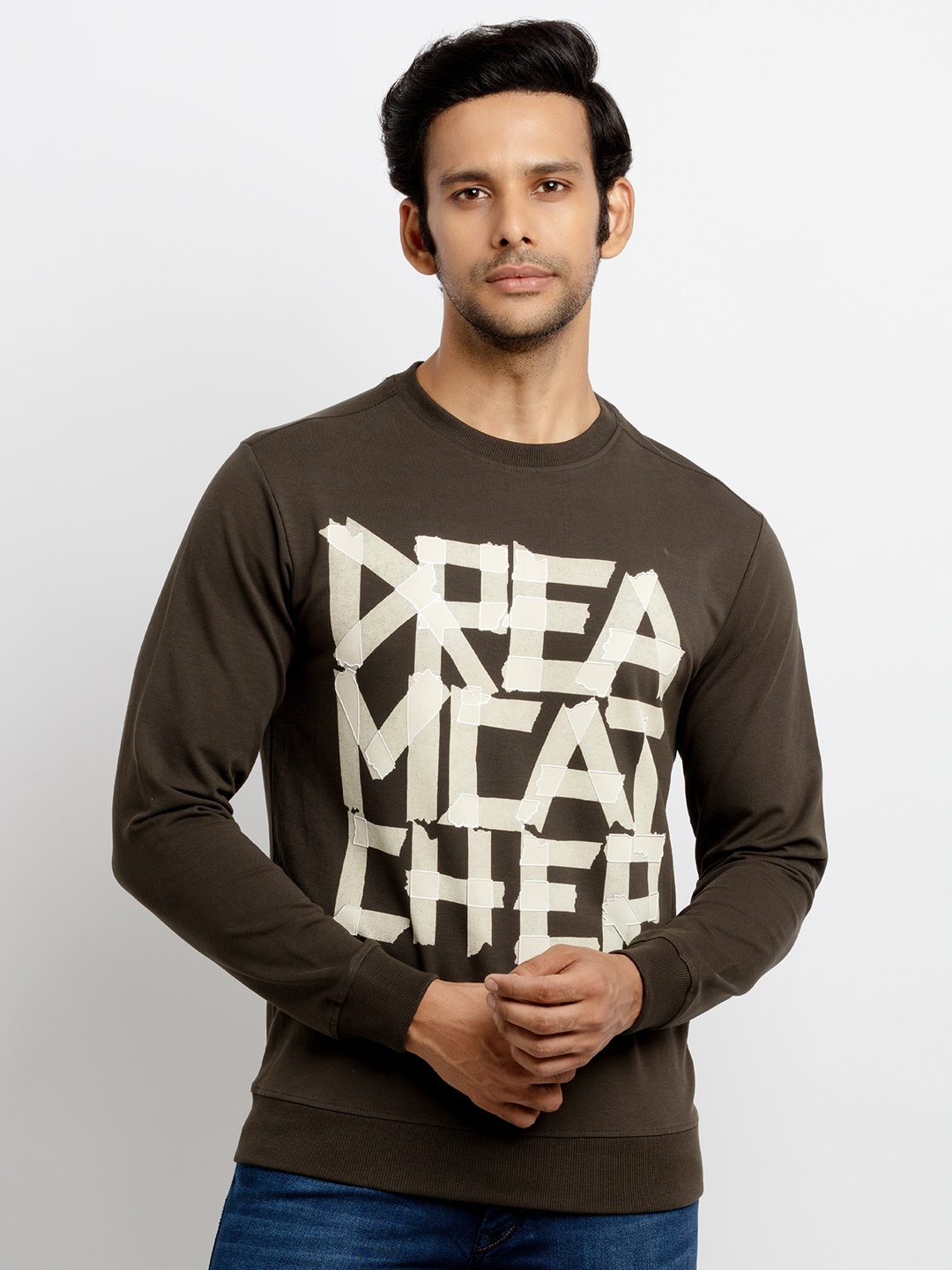 

Status Quo Men Olive Green Typography Printed Drop-Shoulder Sleeves Raw Edge T-shirt