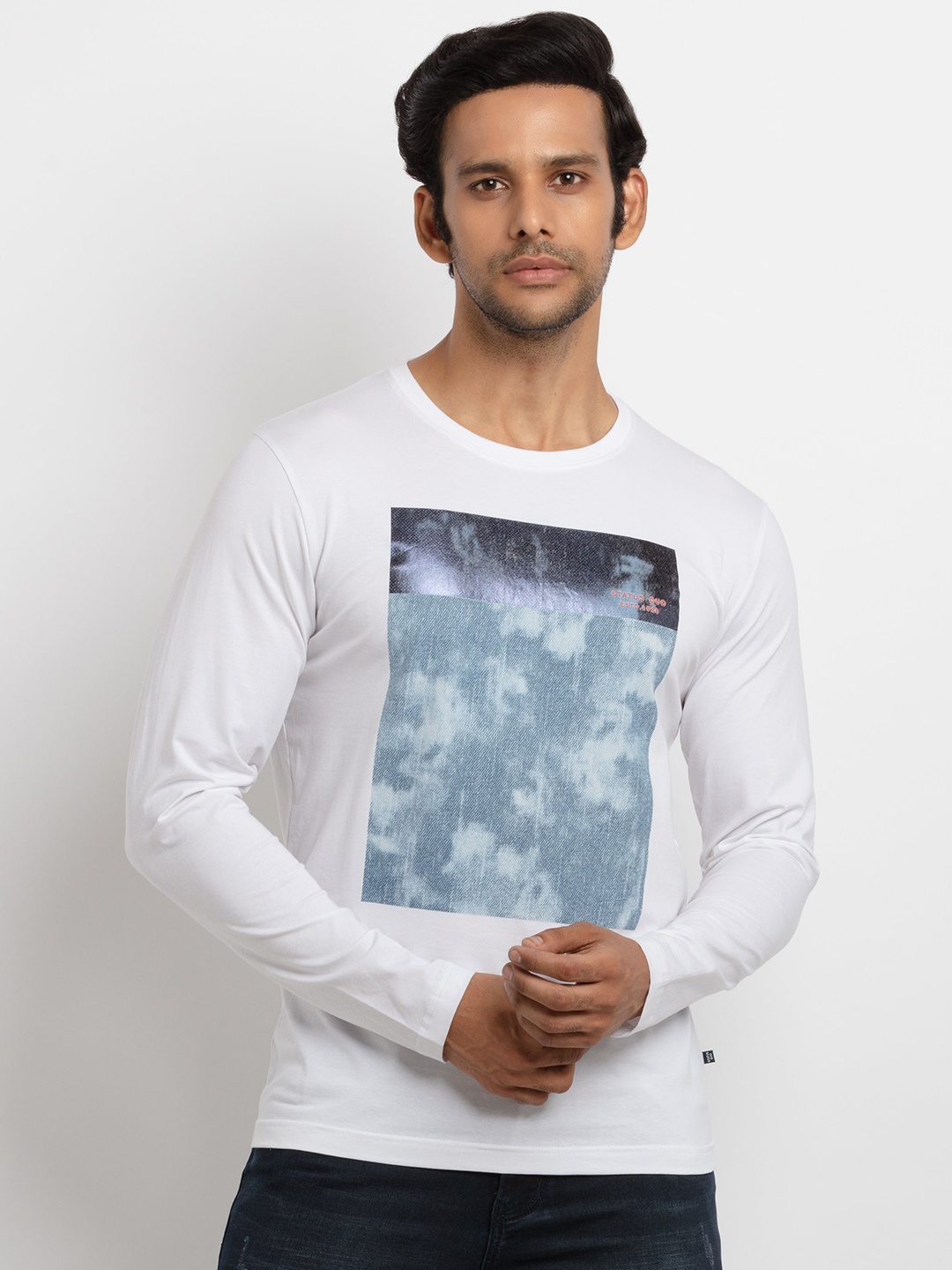 

Status Quo Men White Floral Printed Tropical Raw Edge T-shirt