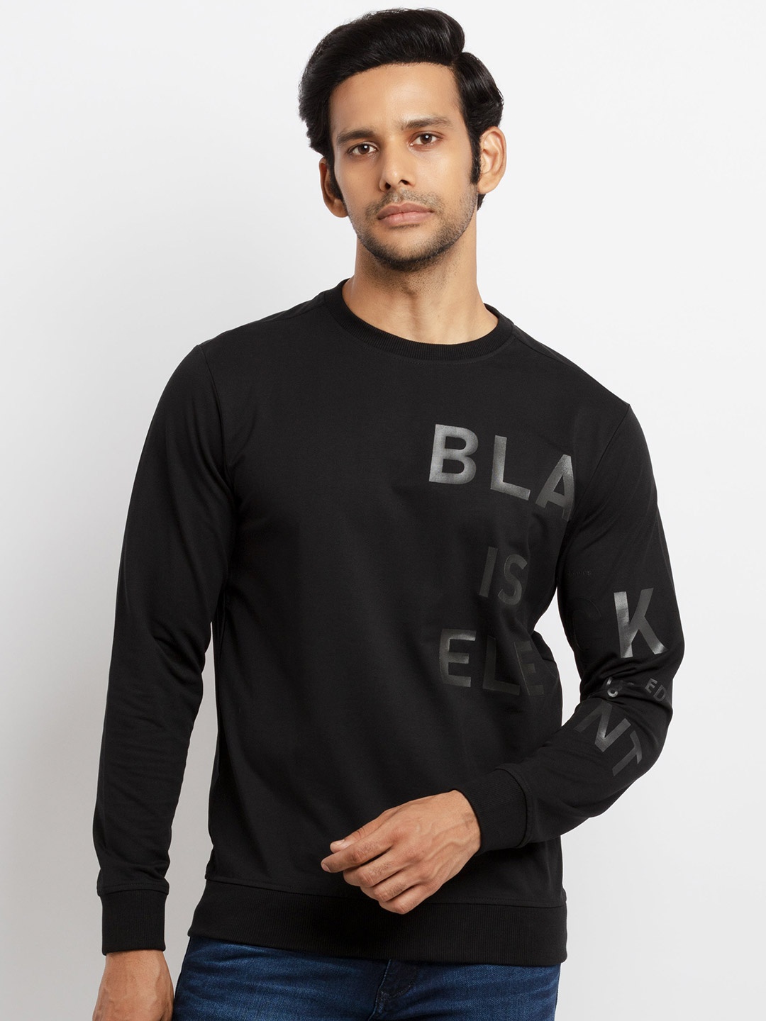

Status Quo Men Black Typography Printed Applique T-shirt