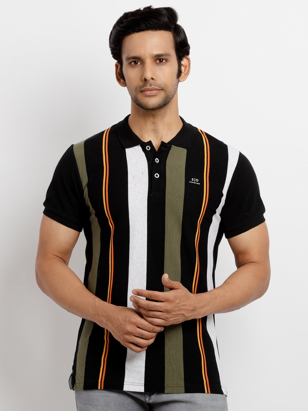 

Status Quo Men Black Striped Polo Collar Pure Cotton T-shirt