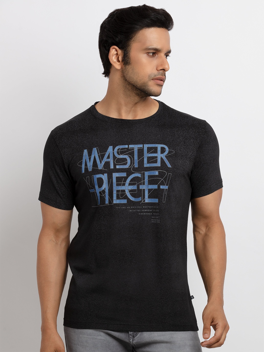 Status Quo Men Black Typography Printed Applique T-shirt