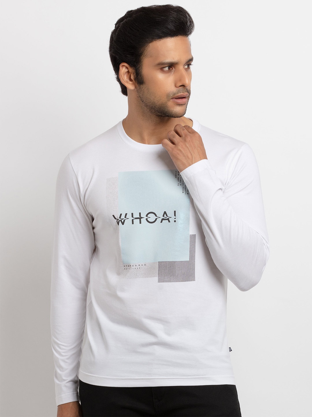 Status Quo Men White Typography Printed V-Neck T-shirt