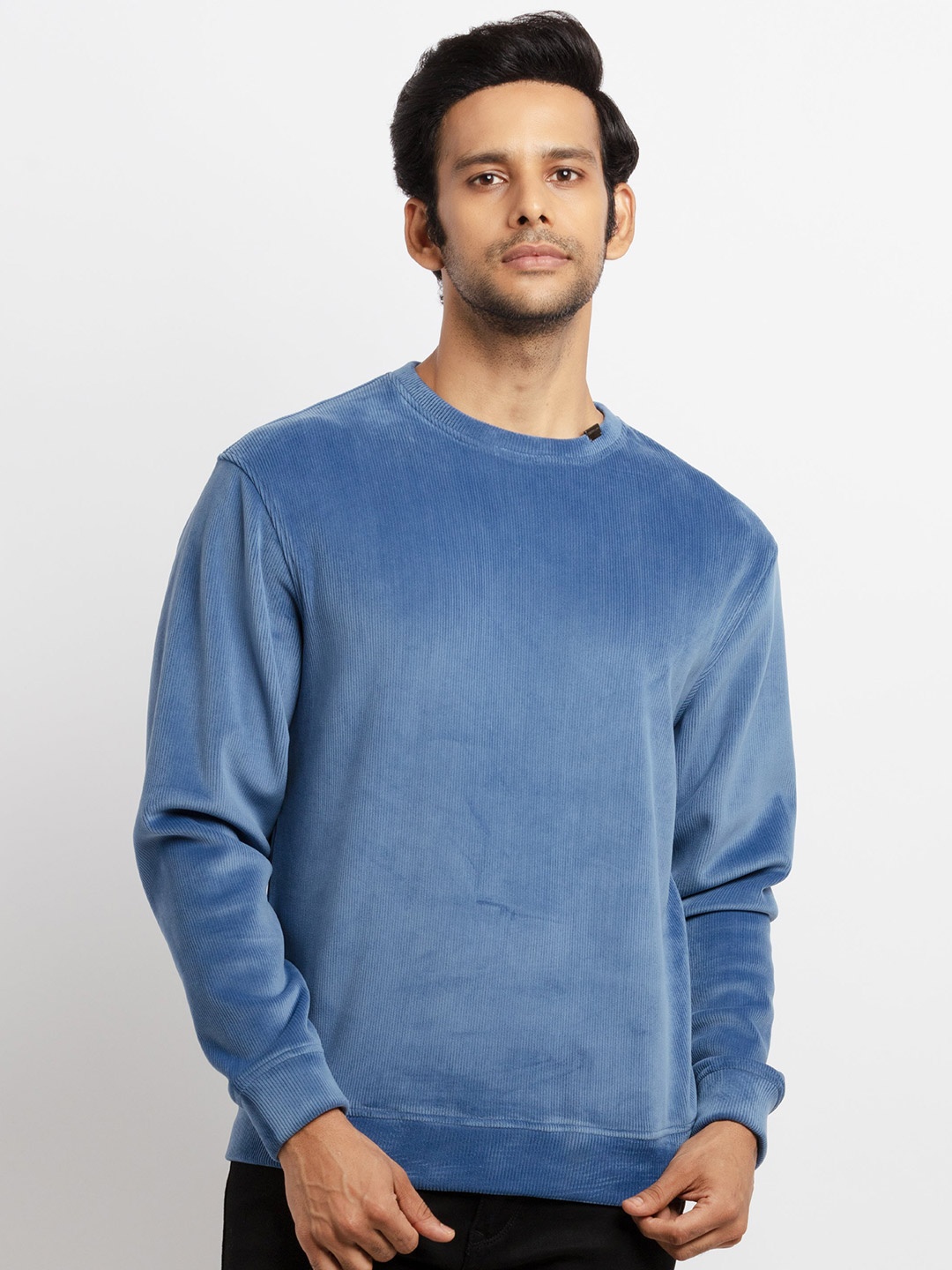 

Status Quo Men Blue Drop-Shoulder Sleeves Raw Edge T-shirt