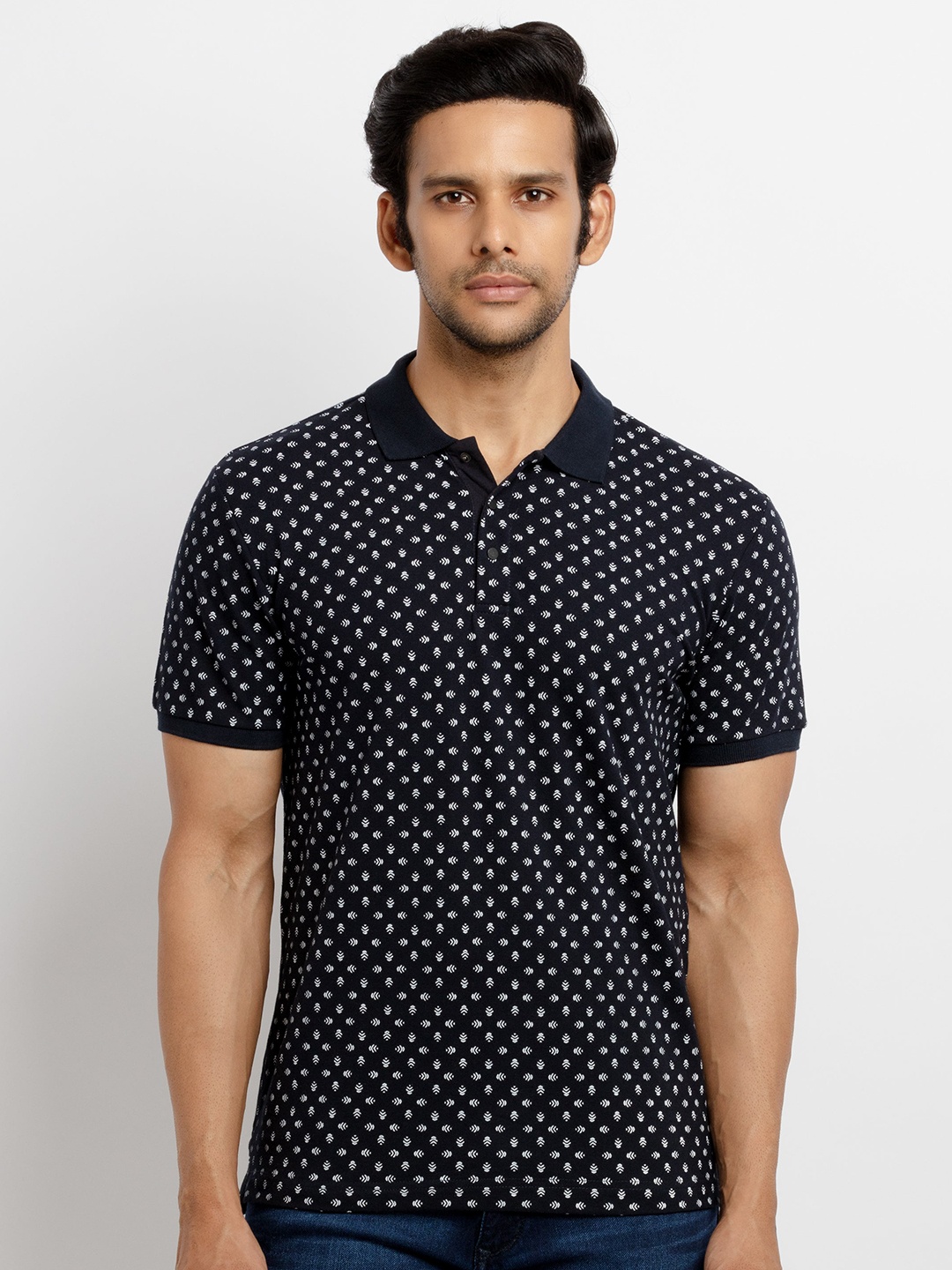 

Status Quo Men Navy Blue Printed Polo Collar T-shirt
