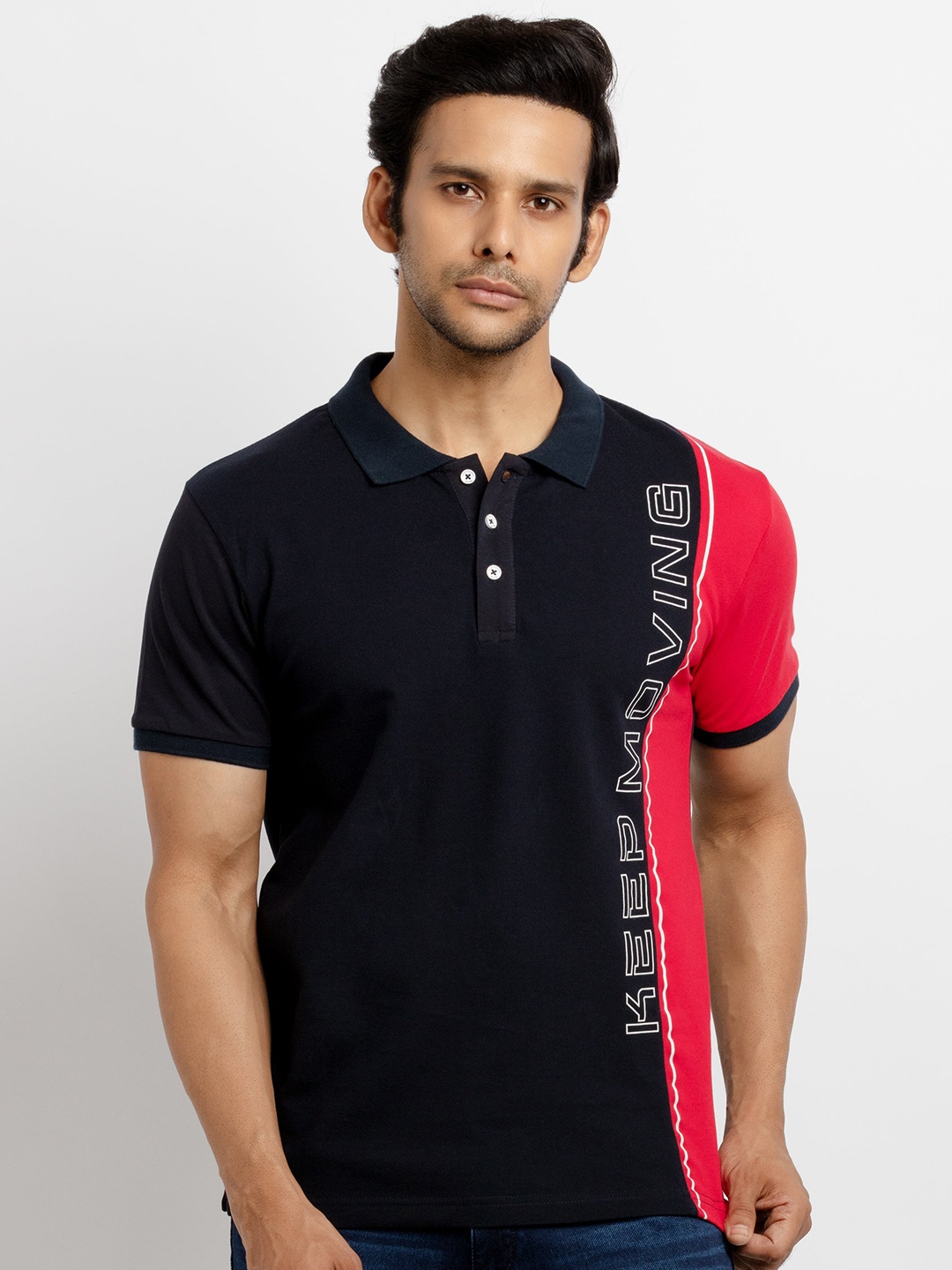 

Status Quo Men Navy Blue Typography Polo Collar Applique T-shirt