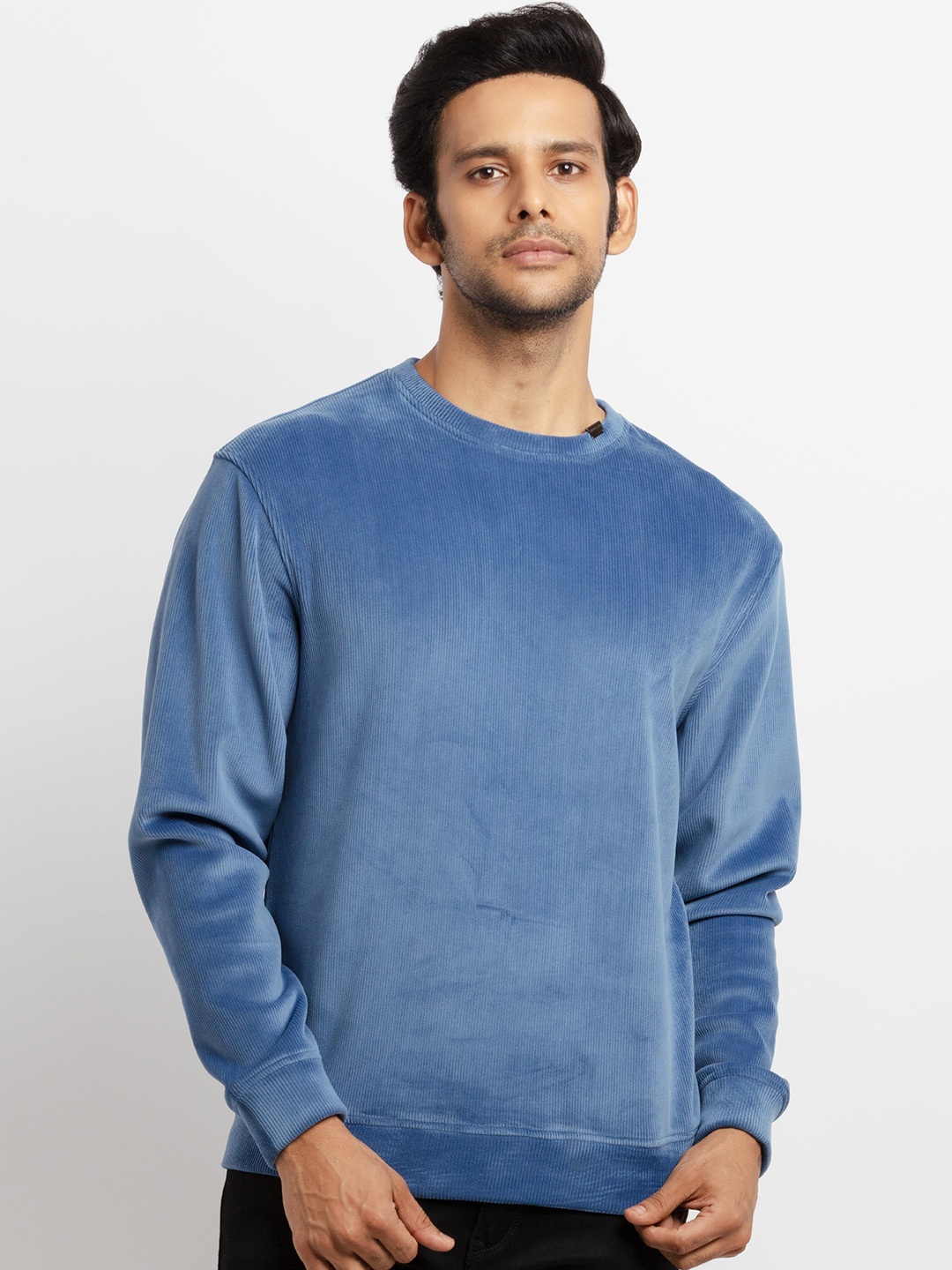 

Status Quo Men Blue Drop-Shoulder Sleeves Raw Edge T-shirt