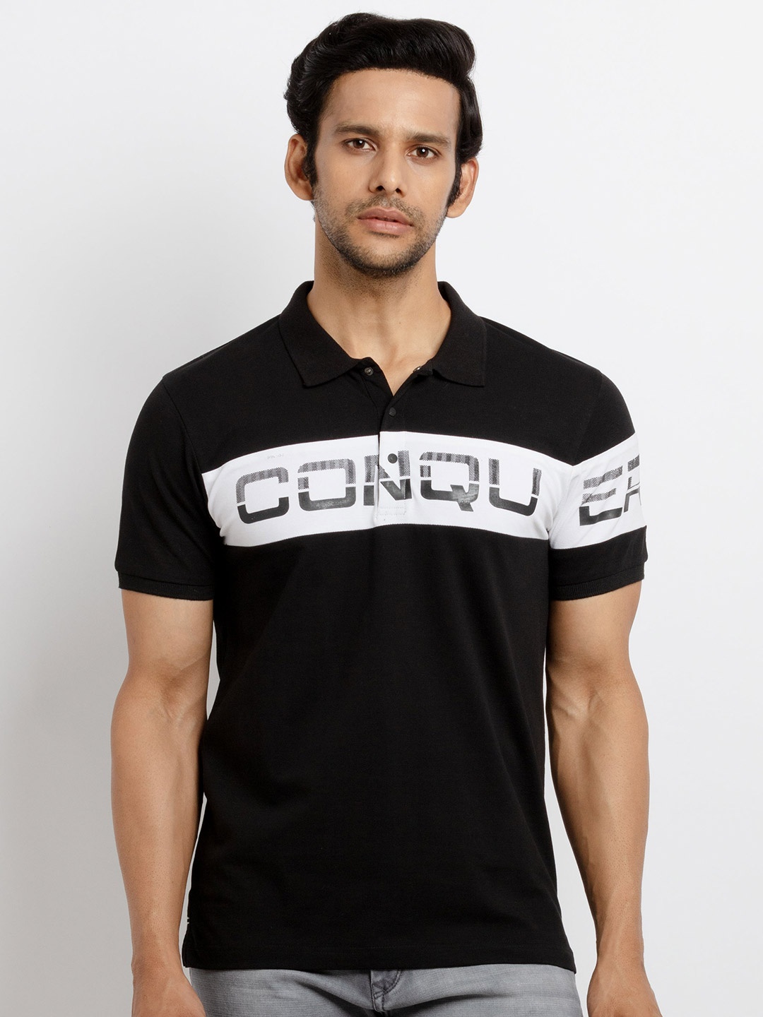 Status Quo Men Black Typography Printed Polo Collar T-shirt