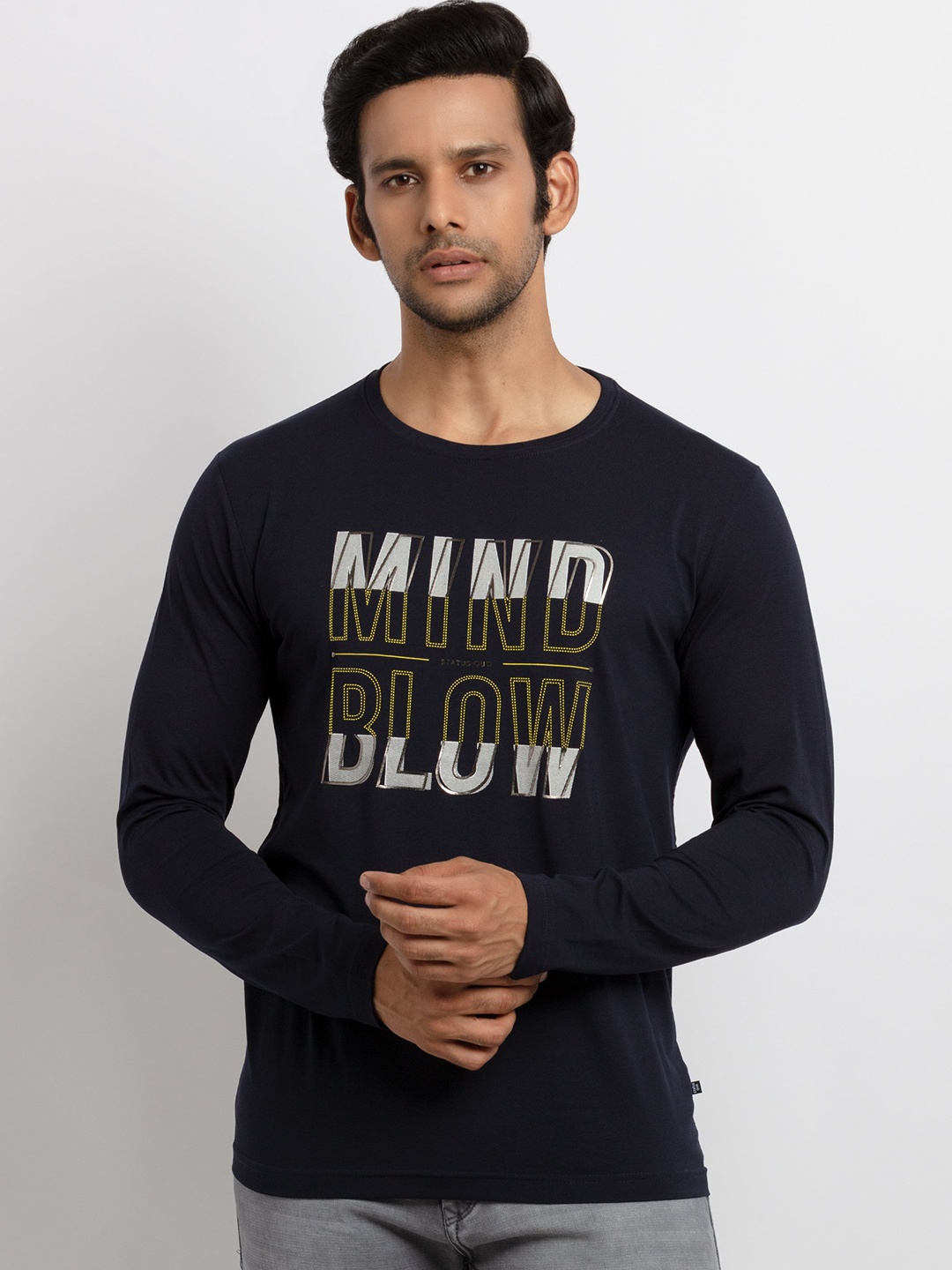 

Status Quo Men Navy Blue Typography Printed T-shirt