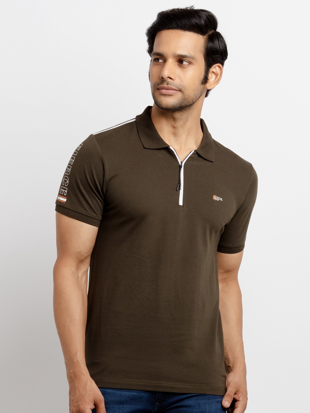 

Status Quo Men Olive Green Polo Collar T-shirt