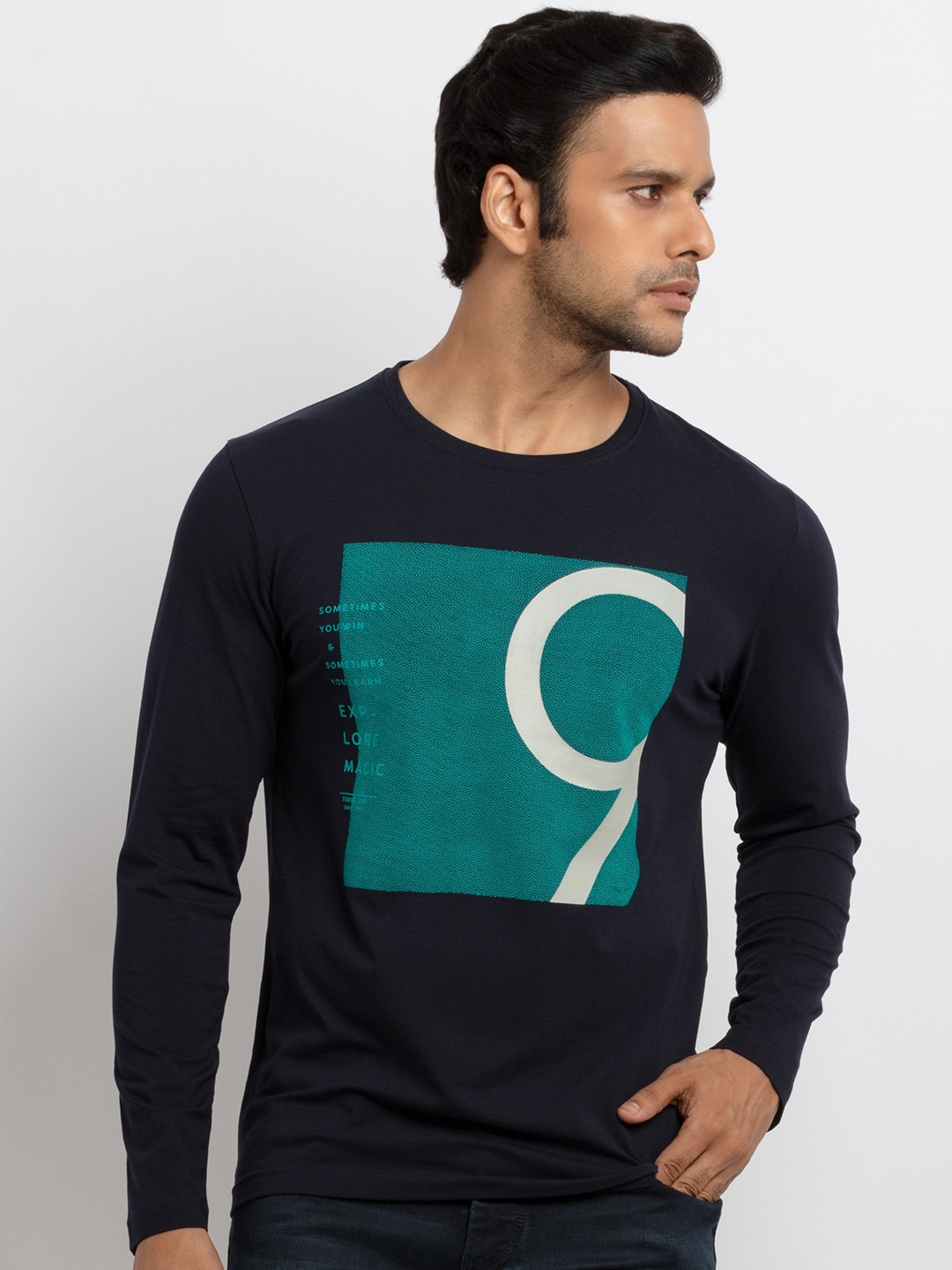 

Status Quo Men Navy Blue Typography Printed Applique T-shirt