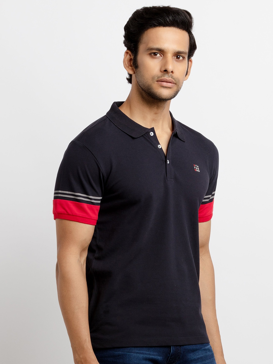 

Status Quo Men Navy Blue Polo Collar T-shirt