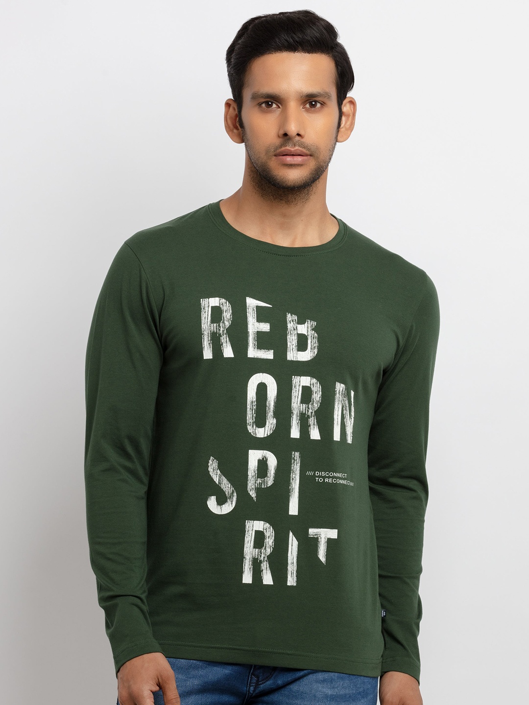 Status Quo Men Green Typography Printed Raw Edge T-shirt