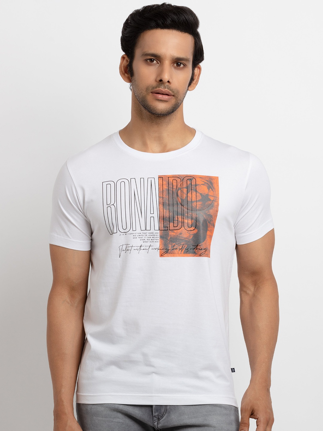 

Status Quo Men White Printed Raw Edge T-shirt