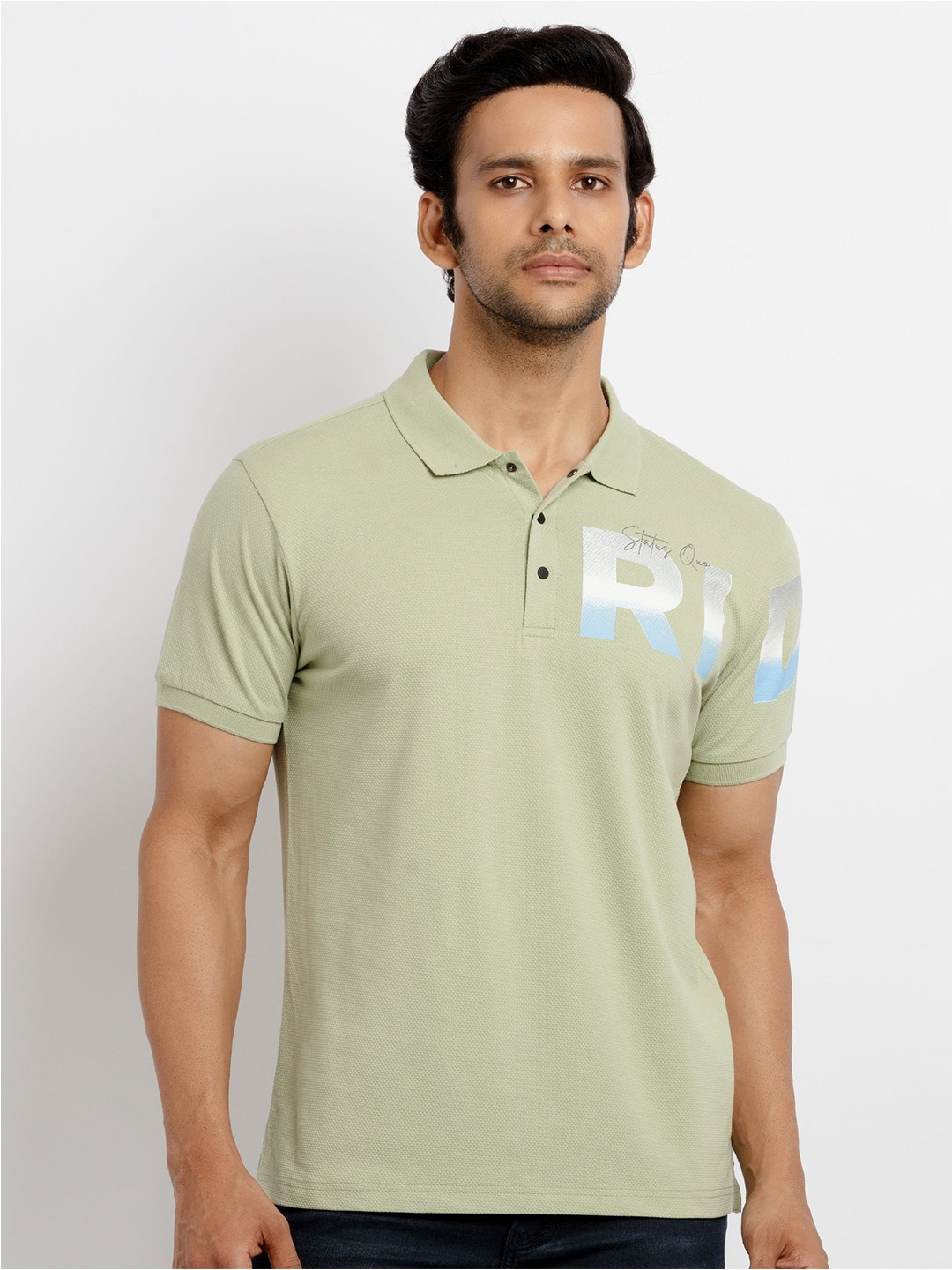 

Status Quo Men Green Printed Polo Collar Applique T-shirt