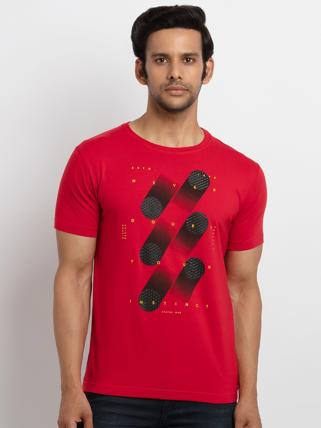 

Status Quo Men Red Printed Applique T-shirt