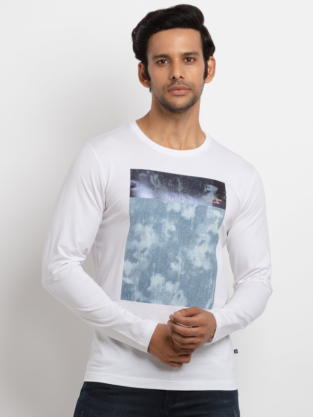 

Status Quo Men White Floral Printed Tropical Raw Edge T-shirt