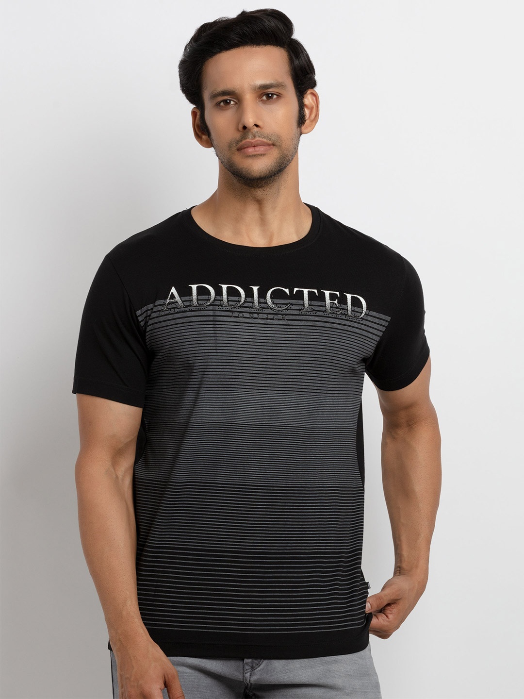 Status Quo Men Black Typography Striped Applique T-shirt
