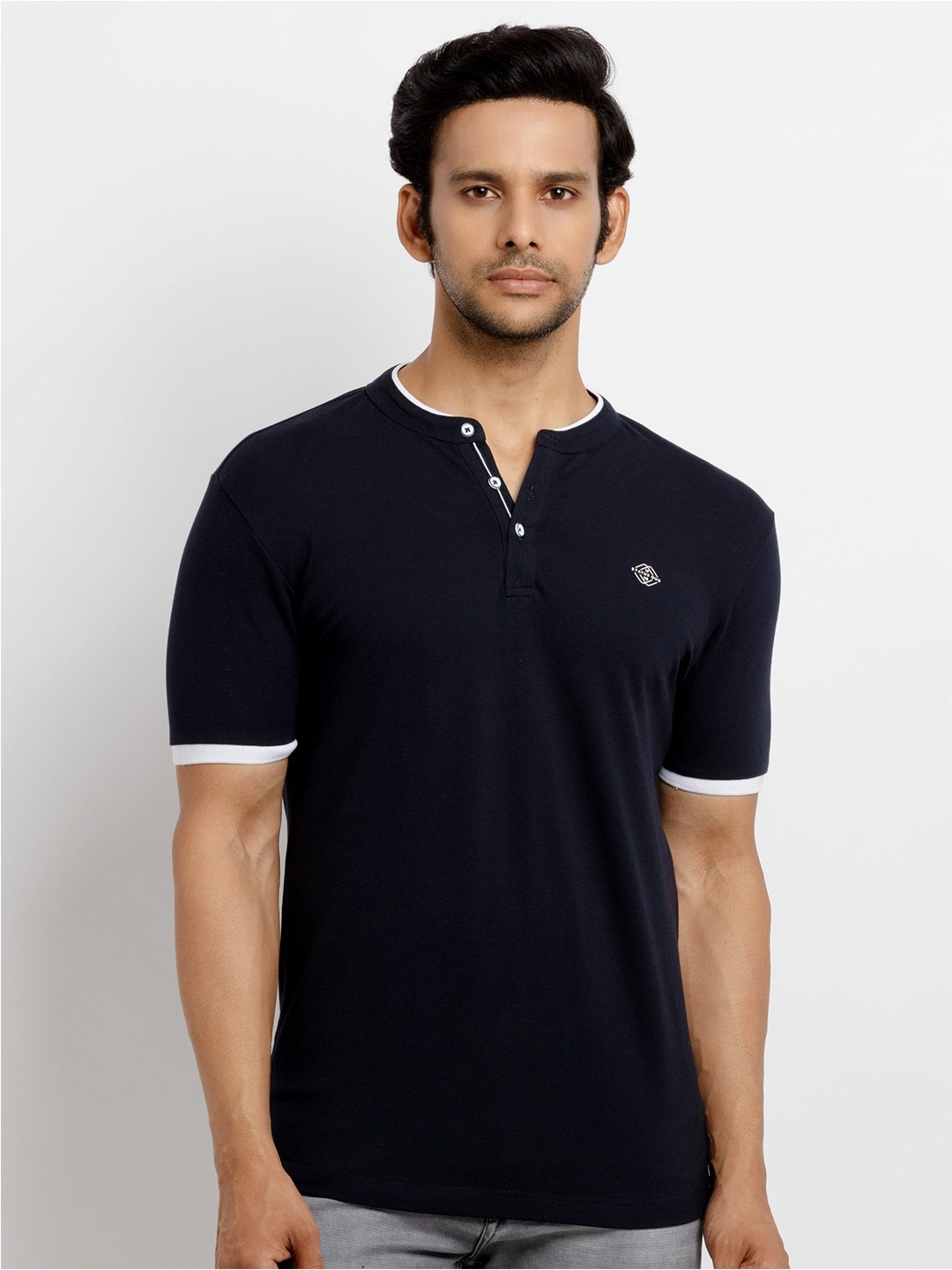 

Status Quo Men Navy Blue Henley Neck T-shirt