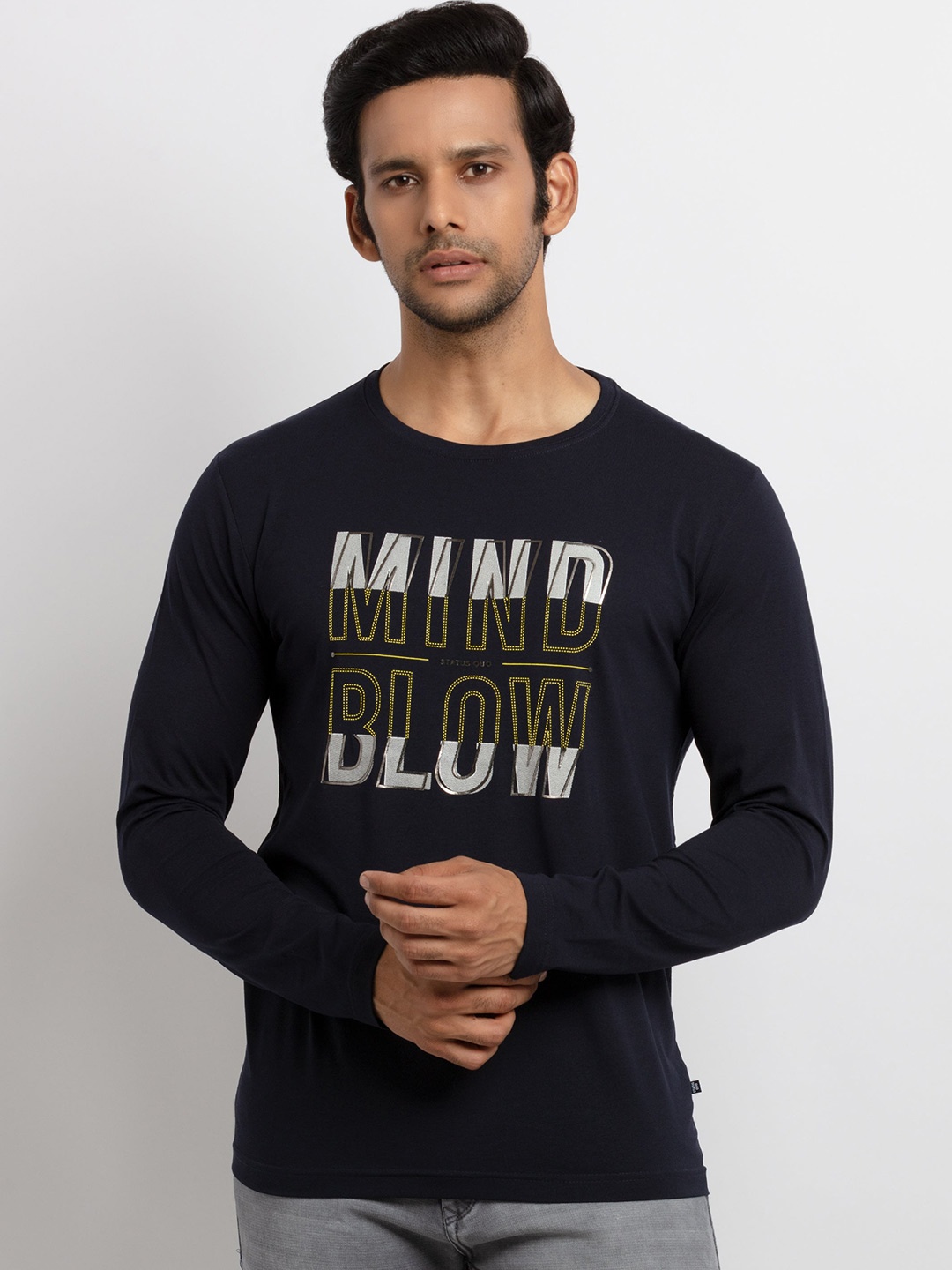 Status Quo Men Navy Blue Typography Printed T-shirt
