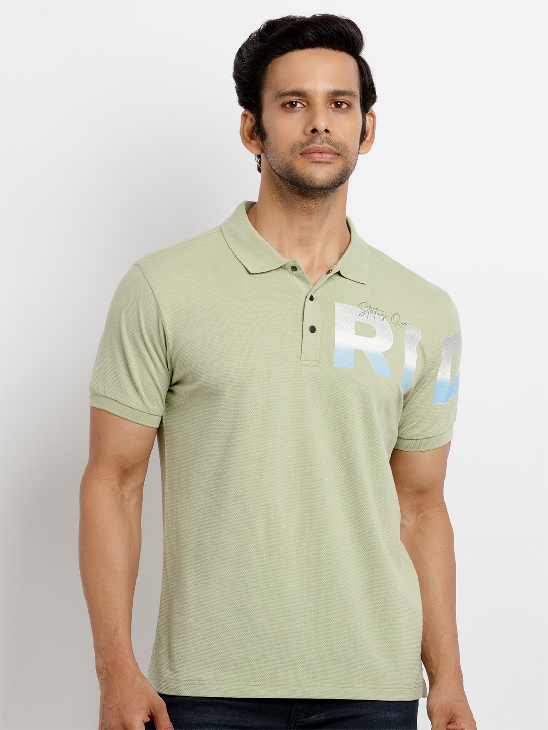 

Status Quo Men Green Printed Polo Collar Applique T-shirt