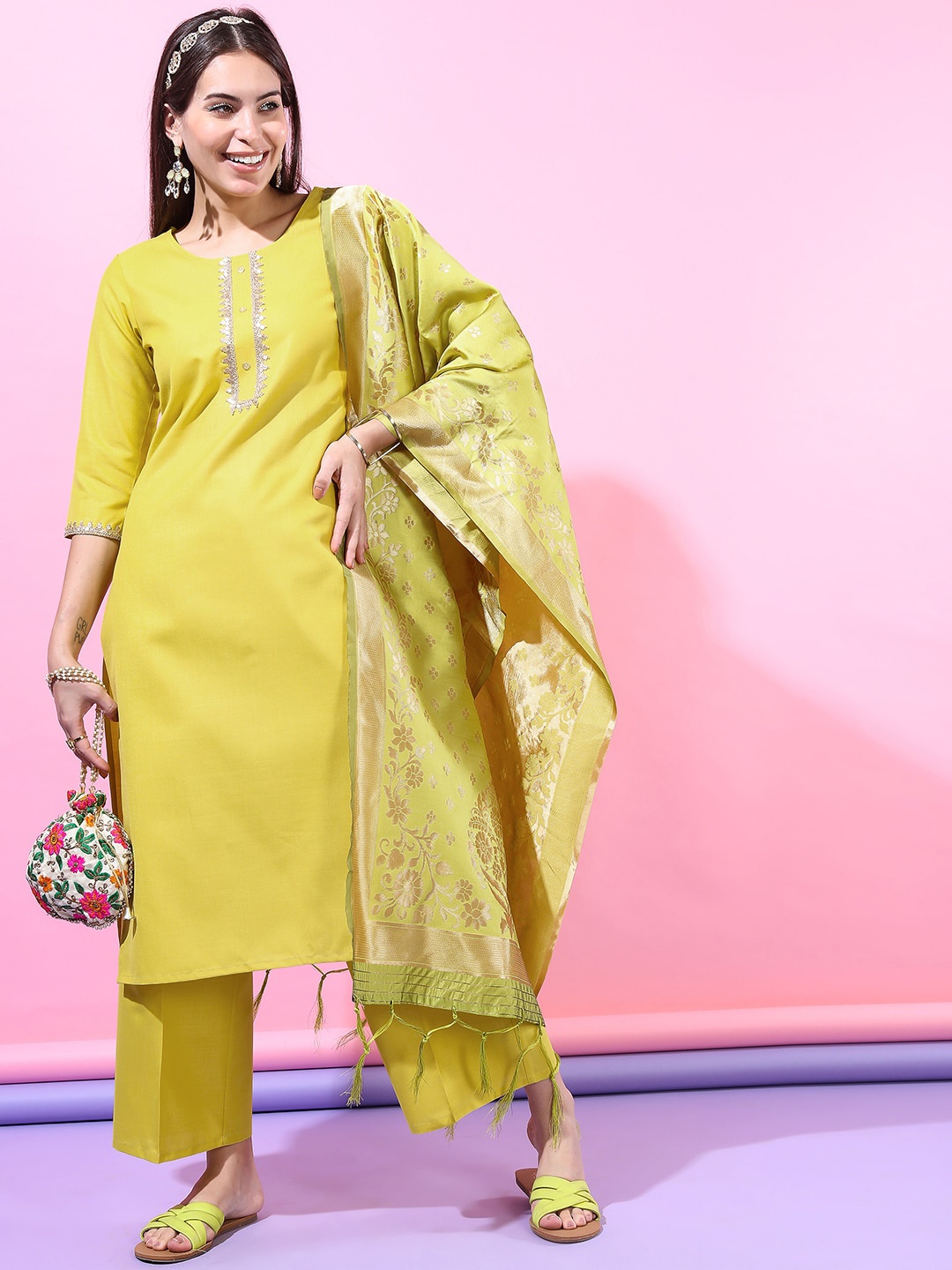 

Vishudh Women Lime Green Embroidered Empire Kurti with Trousers & With Dupatta