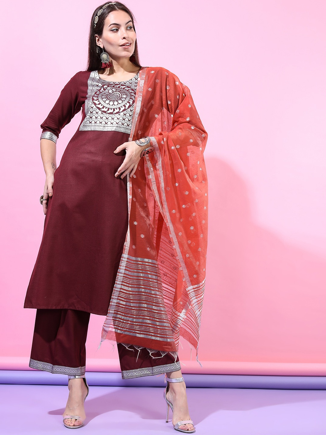 

Vishudh Women Burgundy Printed Straight Kurta With Trousers & With Dupatta