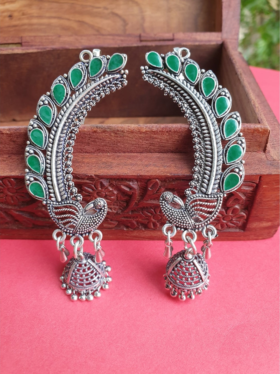 

FIROZA Silver-Toned Peacock Shaped Jhumkas Earrings