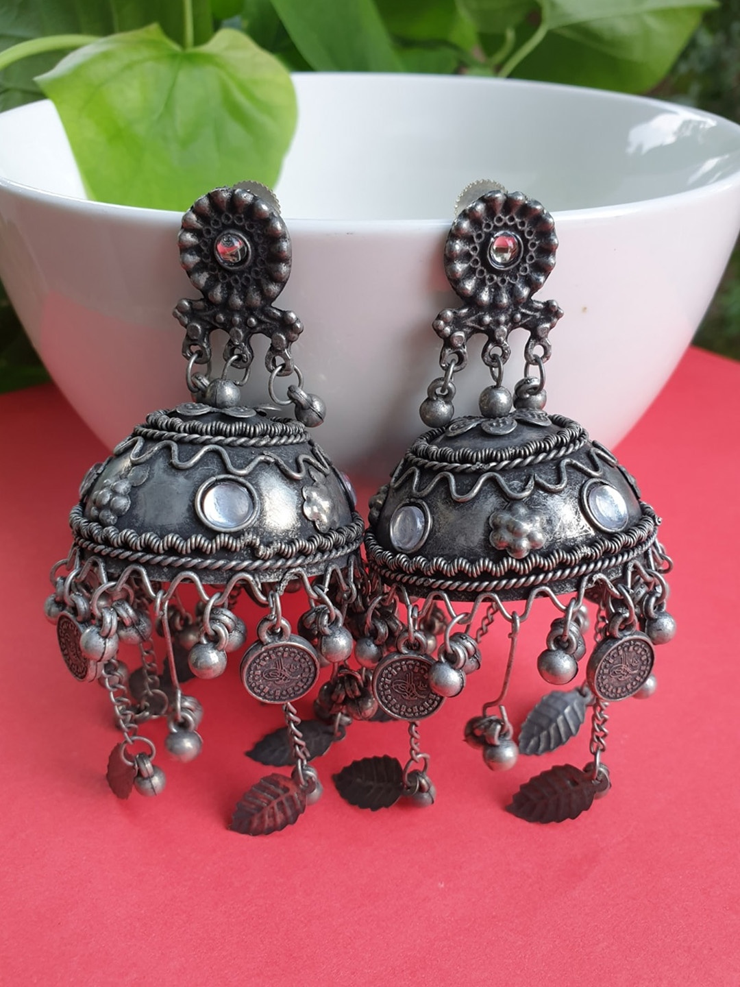 

FIROZA Silver-Toned Dome Shaped Jhumkas Earrings