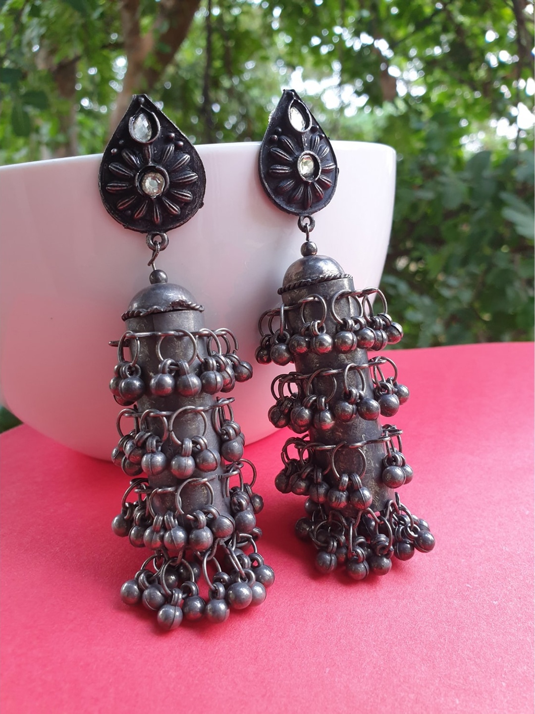

FIROZA Silver-Toned Teardrop Shaped Jhumkas Earrings