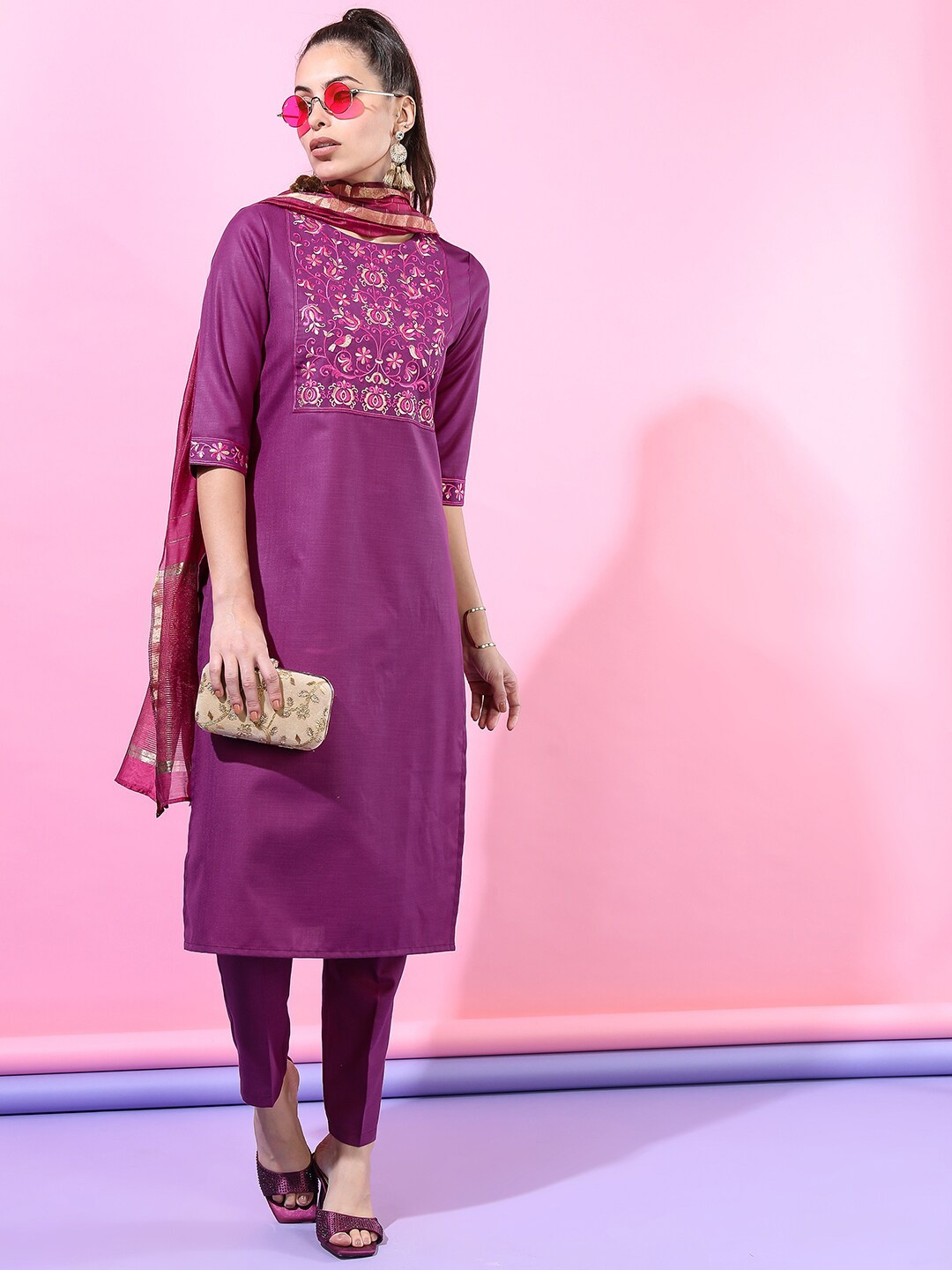 

Vishudh Women Magenta Floral Yoke Design Straight Kurta With Trousers & With Dupatta