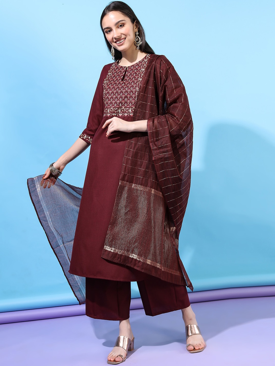 

Vishudh Women Burgundy Layered Kurti with Trousers & With Dupatta