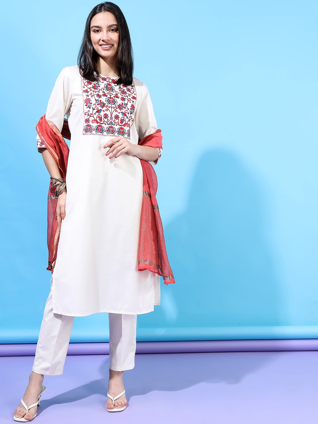 

Vishudh Women Cream-Coloured Floral Yoke Design Straight Kurti With Trousers With Dupatta