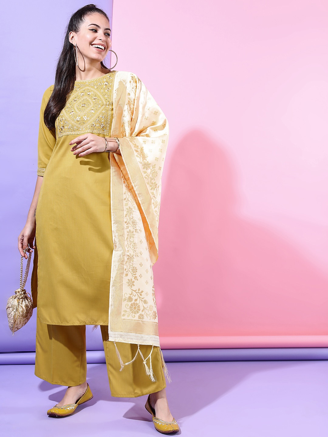 

Vishudh Women Yellow Yoke Design Embrioderd Kurti With Trousers & With Dupatta