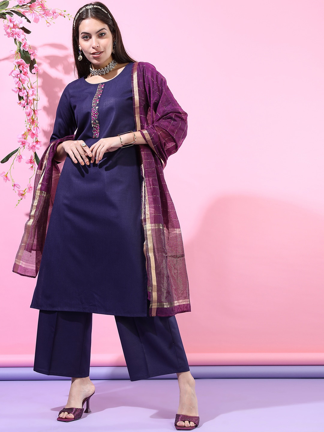 

Vishudh Women Purple Straight Kurta With Palazzo & With Dupatta