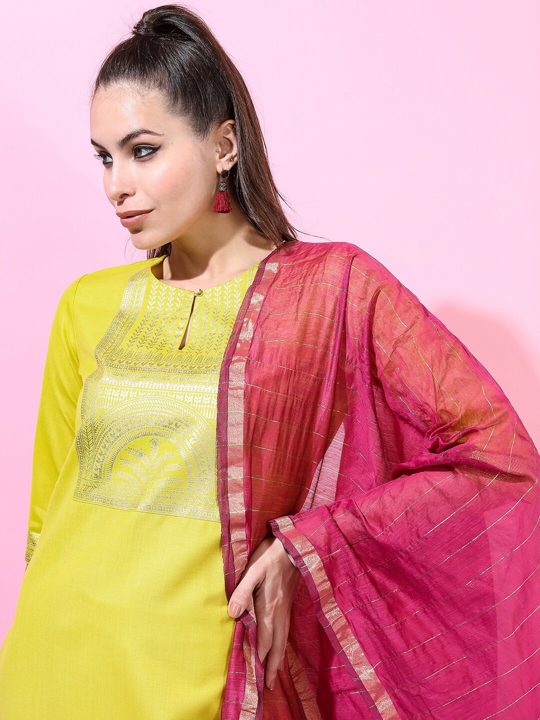 

Vishudh Women Lime Green Panelled Straight Kurti With Trousers & With Dupatta