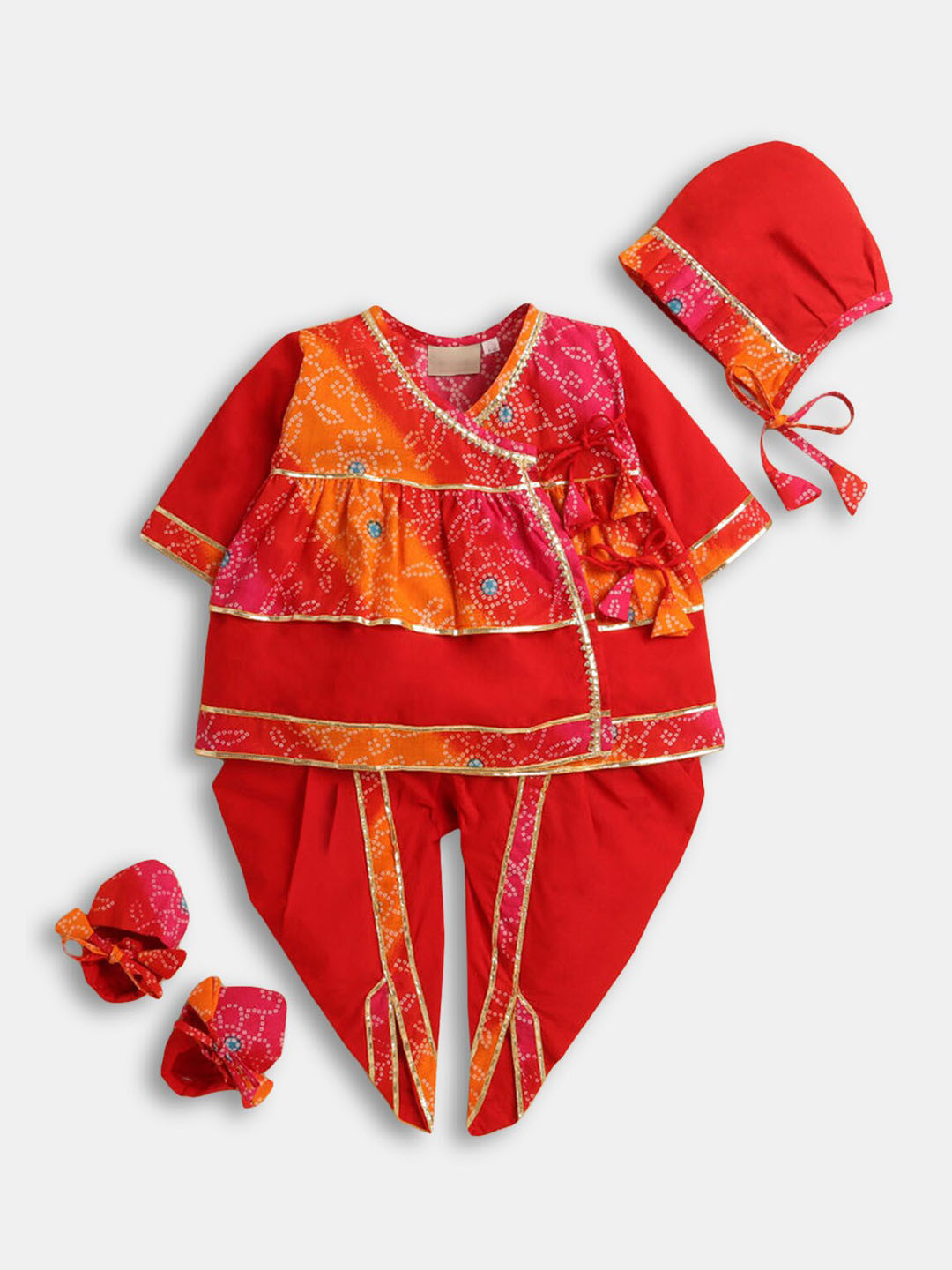 

Hopscotch Girls Red Printed Pure Cotton Kurta with Trousers