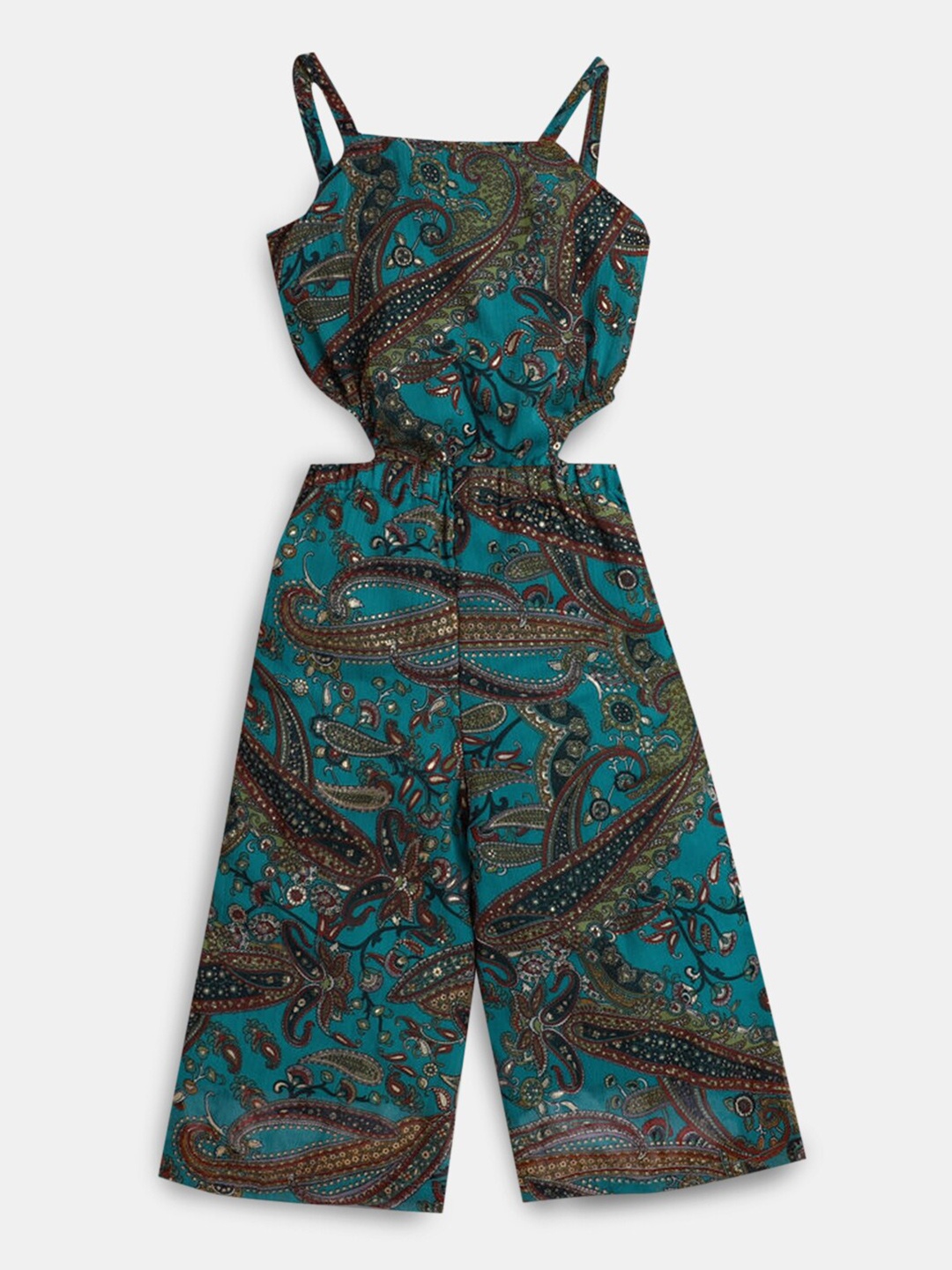 

Hopscotch Girls Green & Brown Printed Basic Sleeveless Jumpsuit