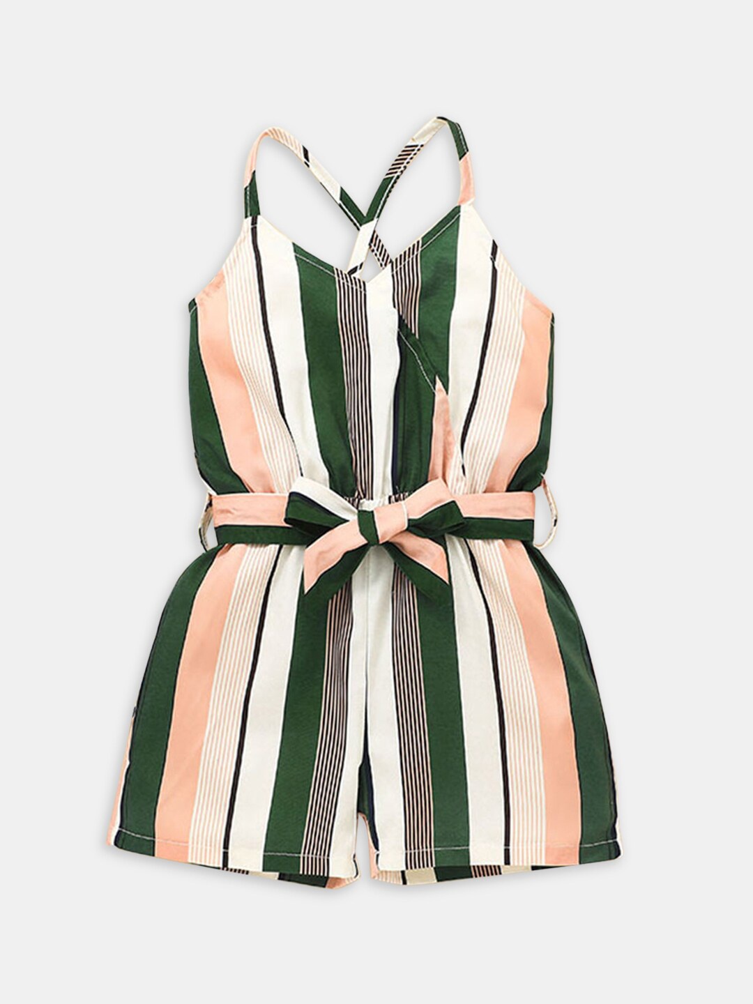 

Hopscotch Girls Green & Peach-Coloured Striped Sleeveless Jumpsuit