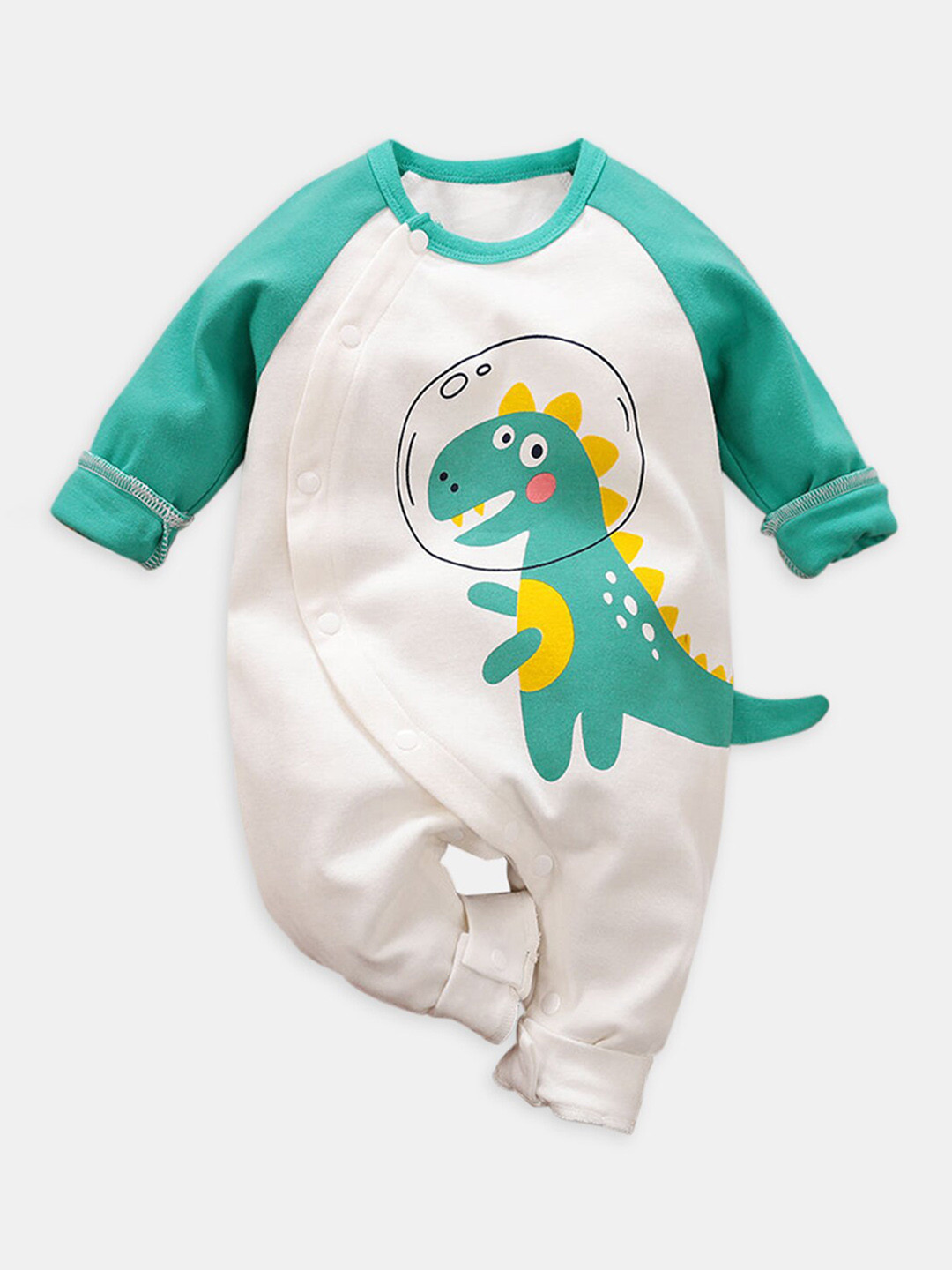 

Hopscotch Infants Green & White Animal Printed Pure Cotton Rompers