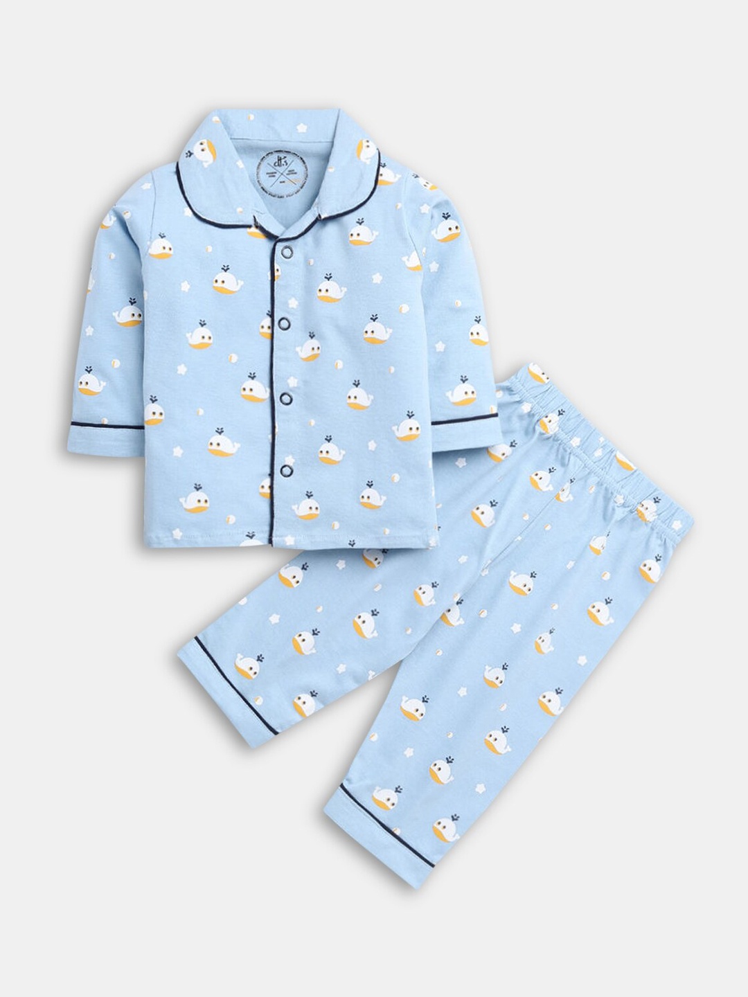 

Hopscotch Unisex Kids Blue & White Printed Pure Cotton Night suit set